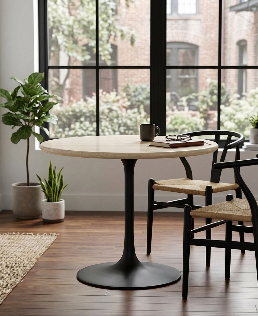 Novara Round Faux Travertine Dining Table 36" - Black Travertine Denmark Home
