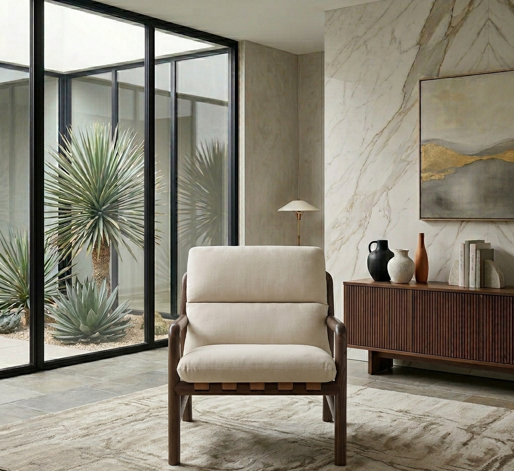 Arvina Sling Accent Chair-Dune Fabric Walnut Denmark Home