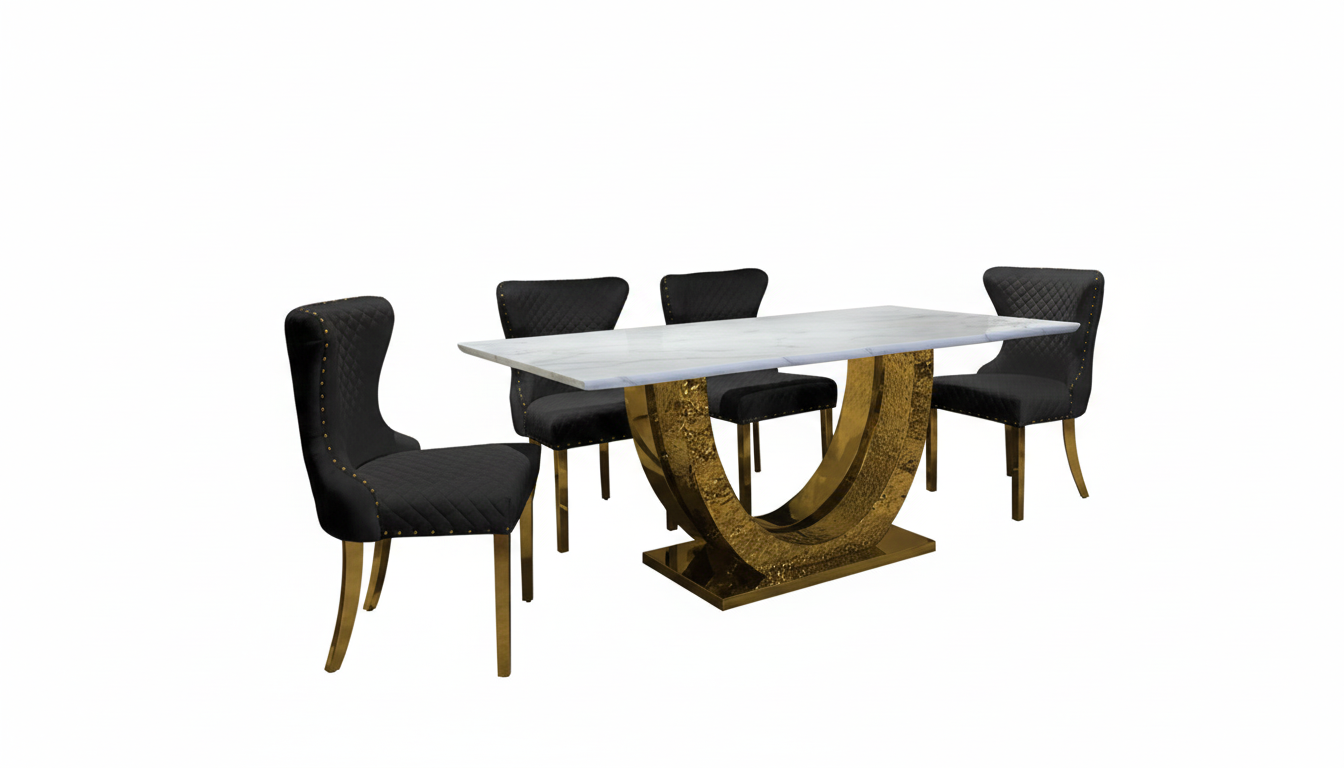 Kade Dining Table – Gold Sintered Stone with Sculptural Pedestal Base