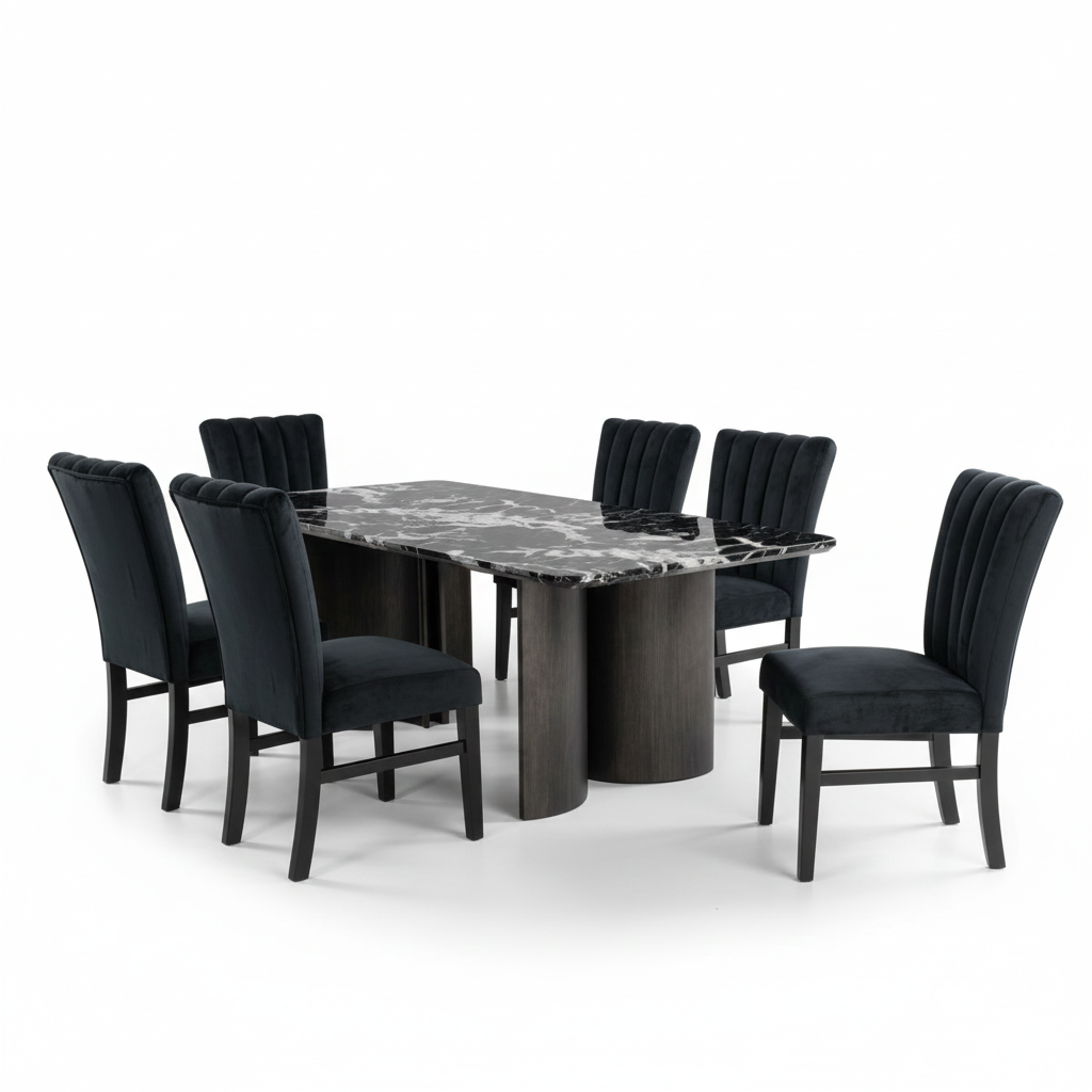 Vigor 7-Piece Dining Table Set – Black Faux Marble with Channel-Tufted Chairs