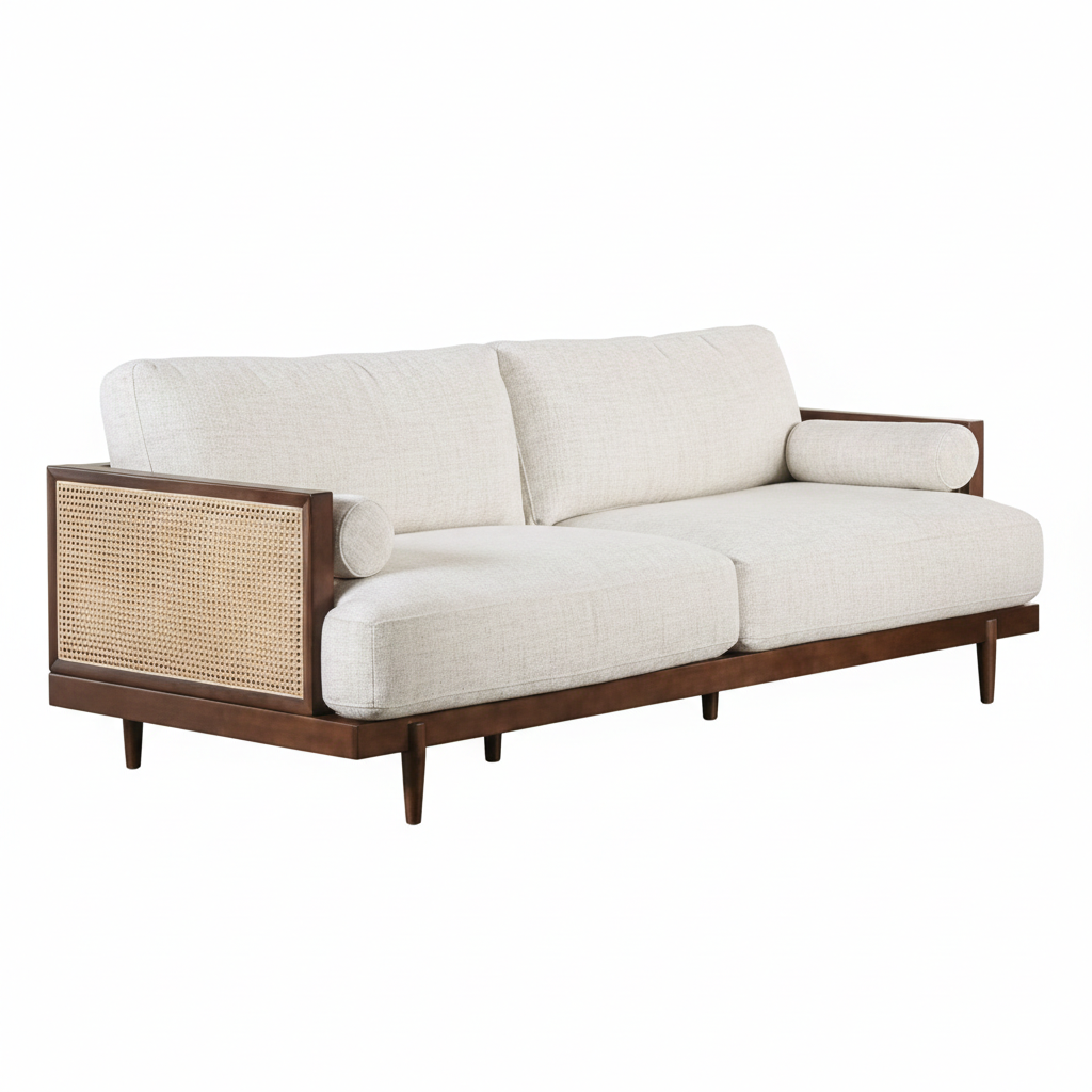 Viven Mid-Century Modern Sofa – Beige Fabric with Ash Wood & Rattan Details