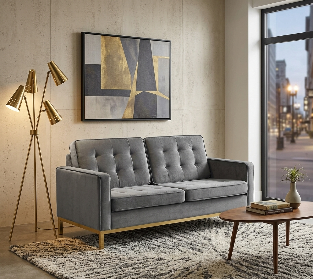 Iona Button Tufted Velvet Loveseat – Gold Steel Frame