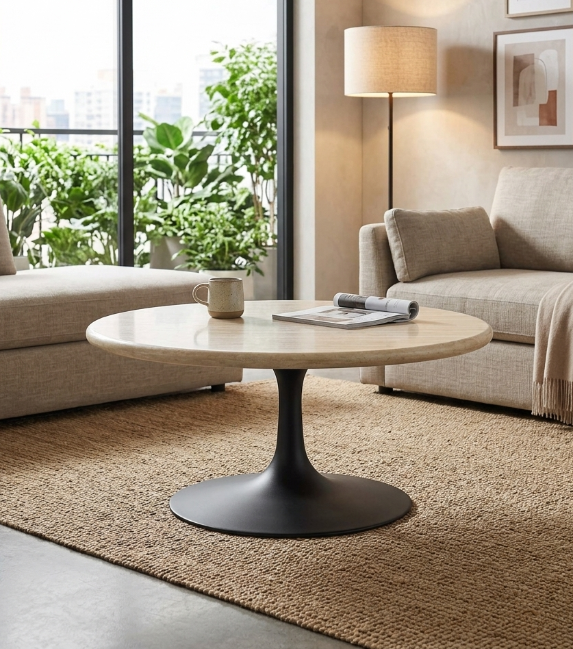 Novara Round Travertine Coffee Table 36" - Black Travertine Denmark Home