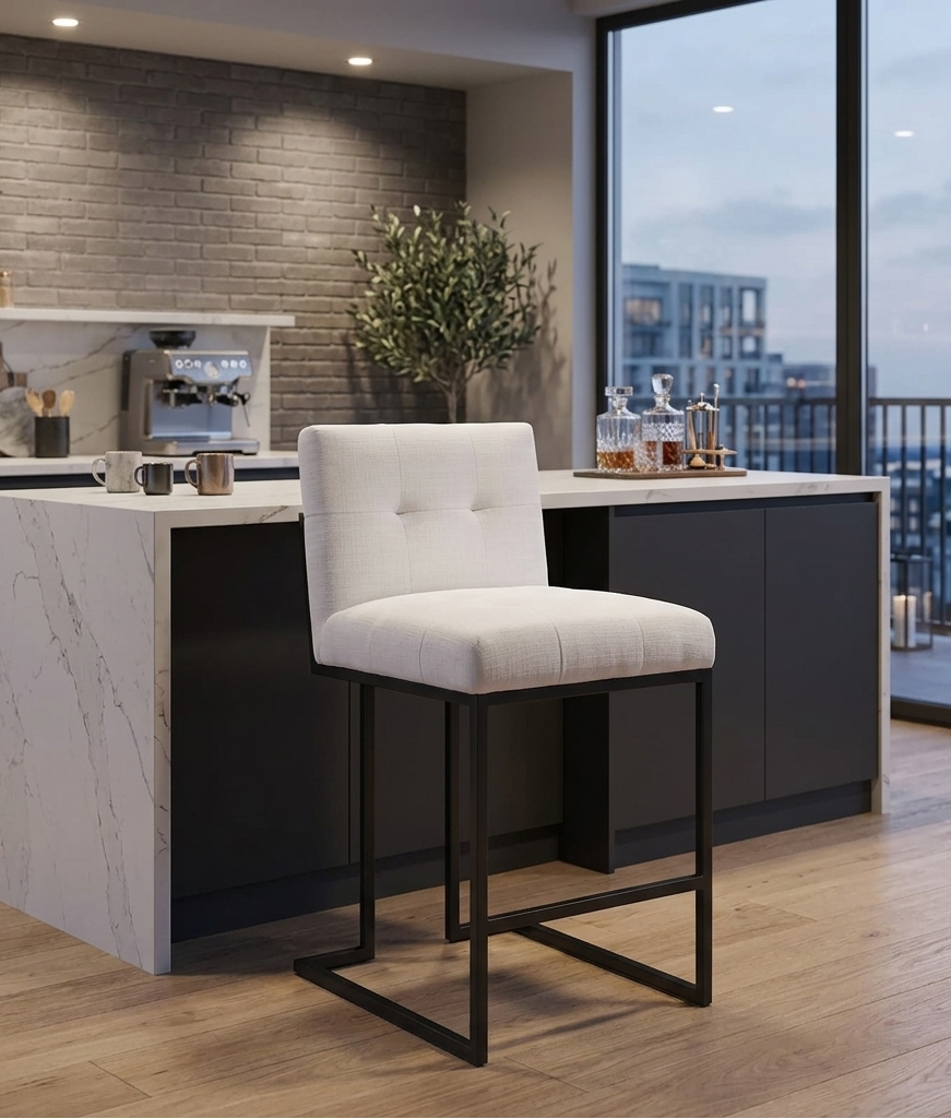 Valénza Black Stainless Steel Upholstered Fabric Counter Stool - Black White Denmark Home