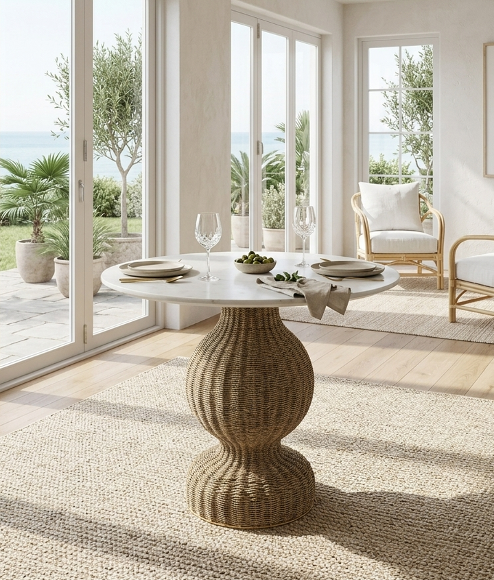 Loom Round Marble Dining Table – Woven Seagrass Pedestal Base 36" Denmark Home