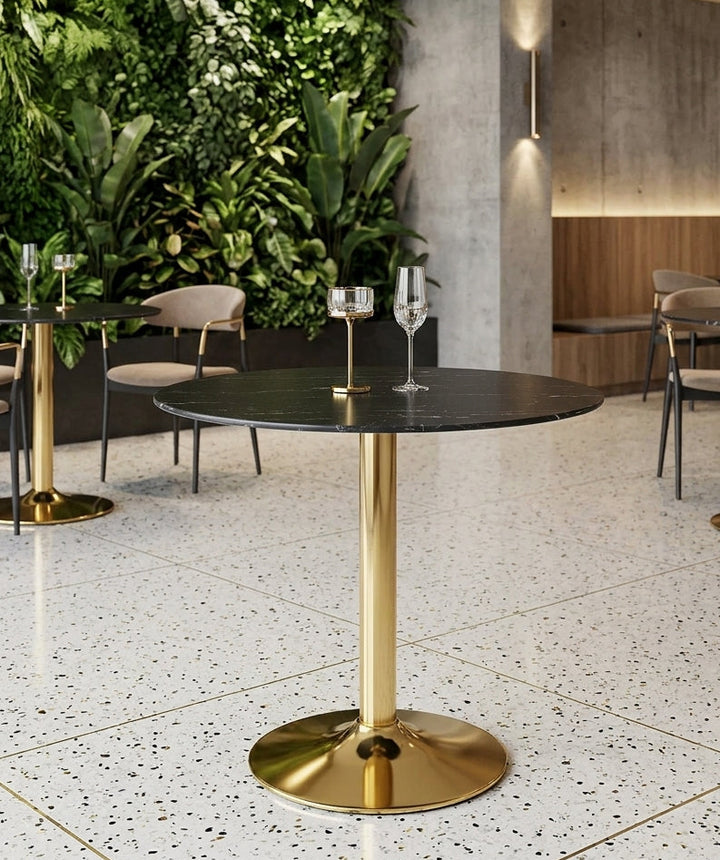 Crest Round Artificial Marble Dining Table – Gold Pedestal Base 35" Denmark Home