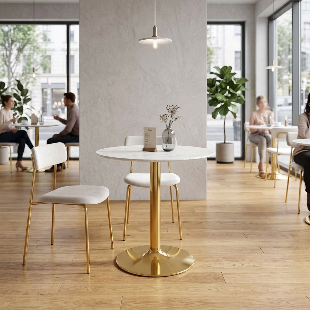 Crest Round Artificial Marble Dining Table – Gold Pedestal Base 28" Denmark Home