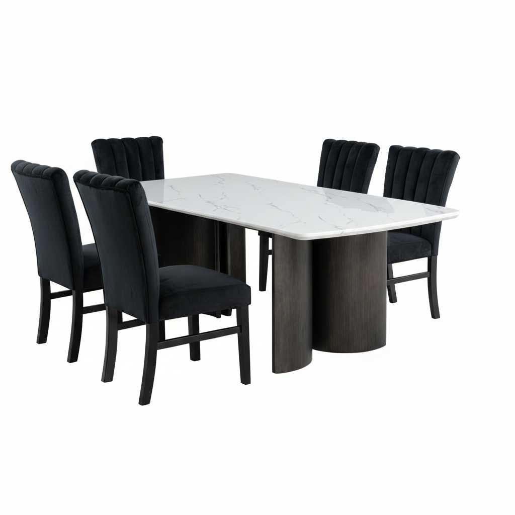 Vigor Dining Table – White Faux Marble Top with Double Pedestal Base