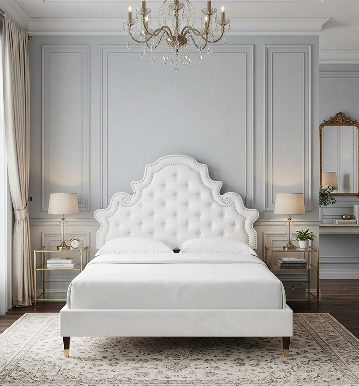 Saga Tufted Performance Velvet Queen Platform Bed - White Denmark Home