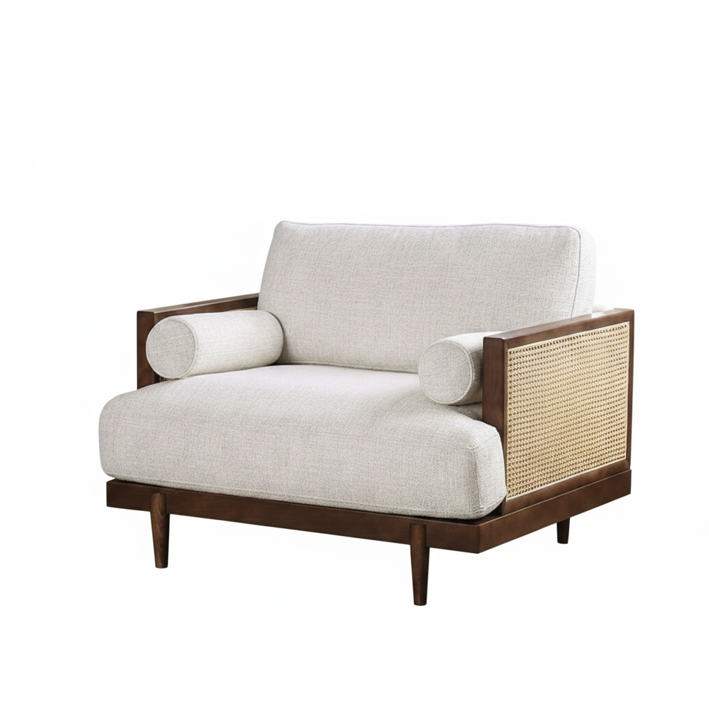 Viven Chair – Beige Fabric with Ash Wood & Rattan Accents