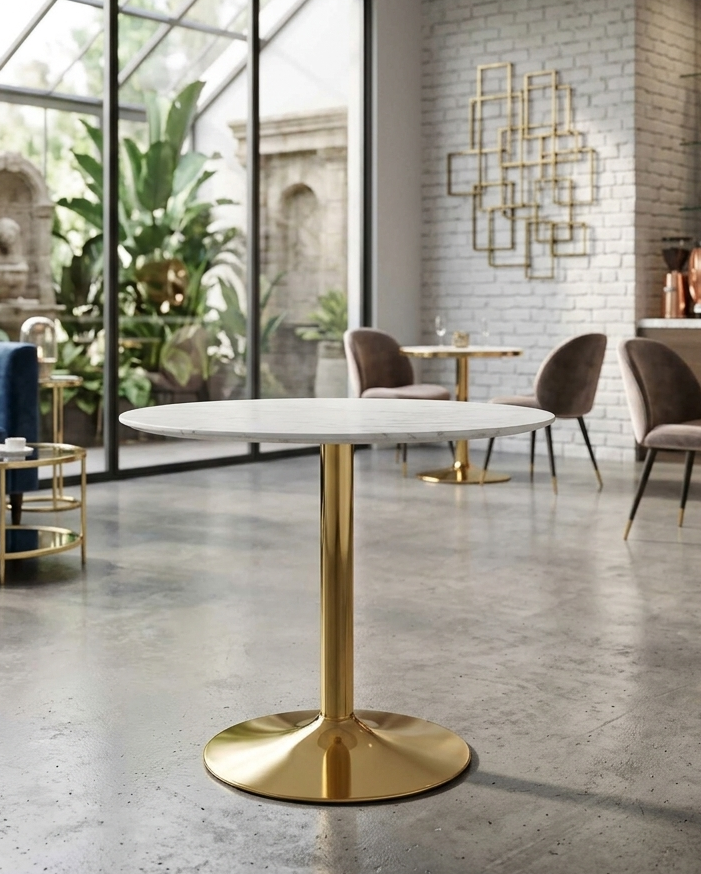 Crest Round Artificial Marble Dining Table – Gold Pedestal Base 40" Denmark Home