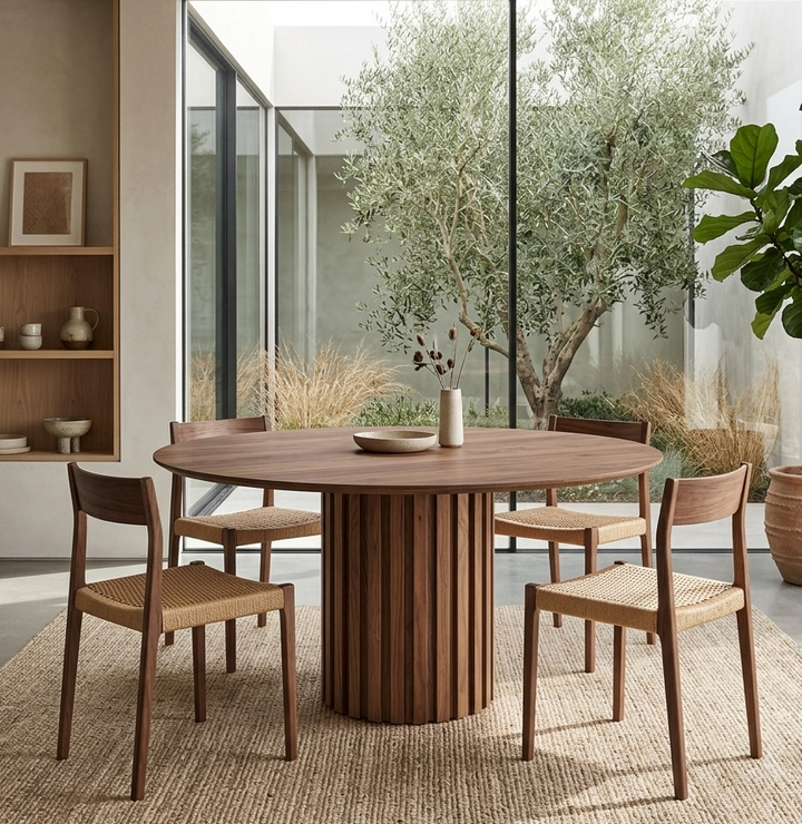 Vane Round Dining Table – Fluted Wood Veneer Pedestal Base 47" Denmark Home