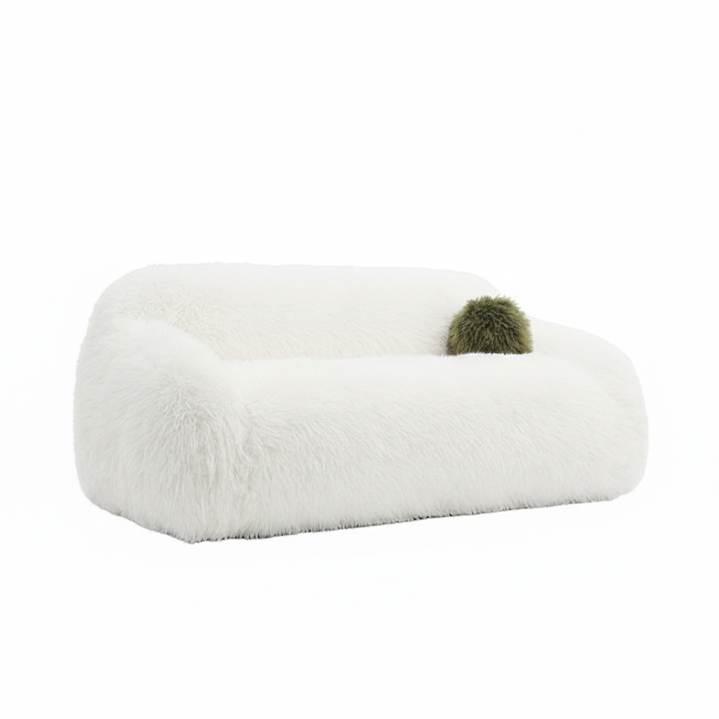 Estella Sofa – White Faux Fur with Plush Shaggy Texture