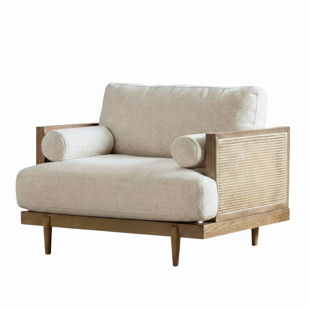 Viven Chair – Beige Fabric with Ash Wood & Rattan Accents
