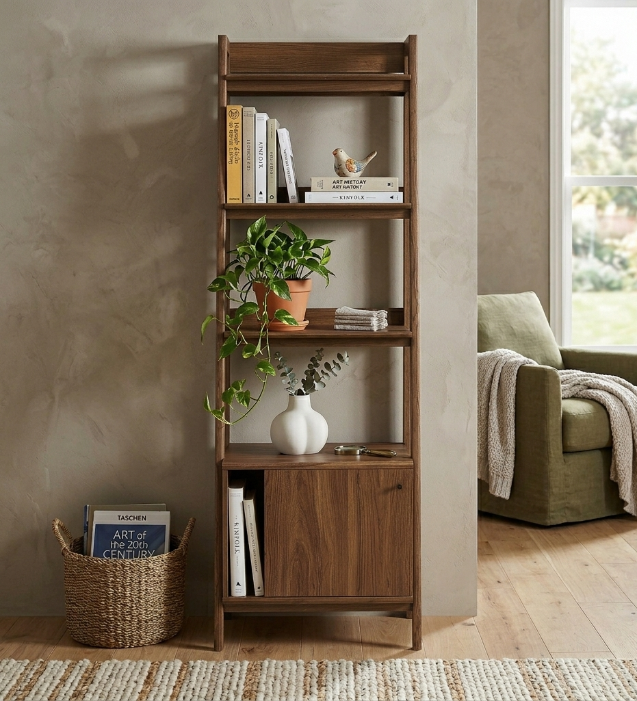 Teak Tiered Bookshelf with Concealed Storage - Walnut Denmark Home