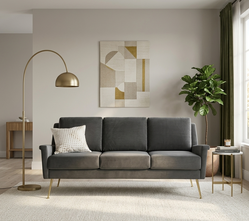 Modern living room with a gray sofa, decorative lamp, and abstract art on the wall.