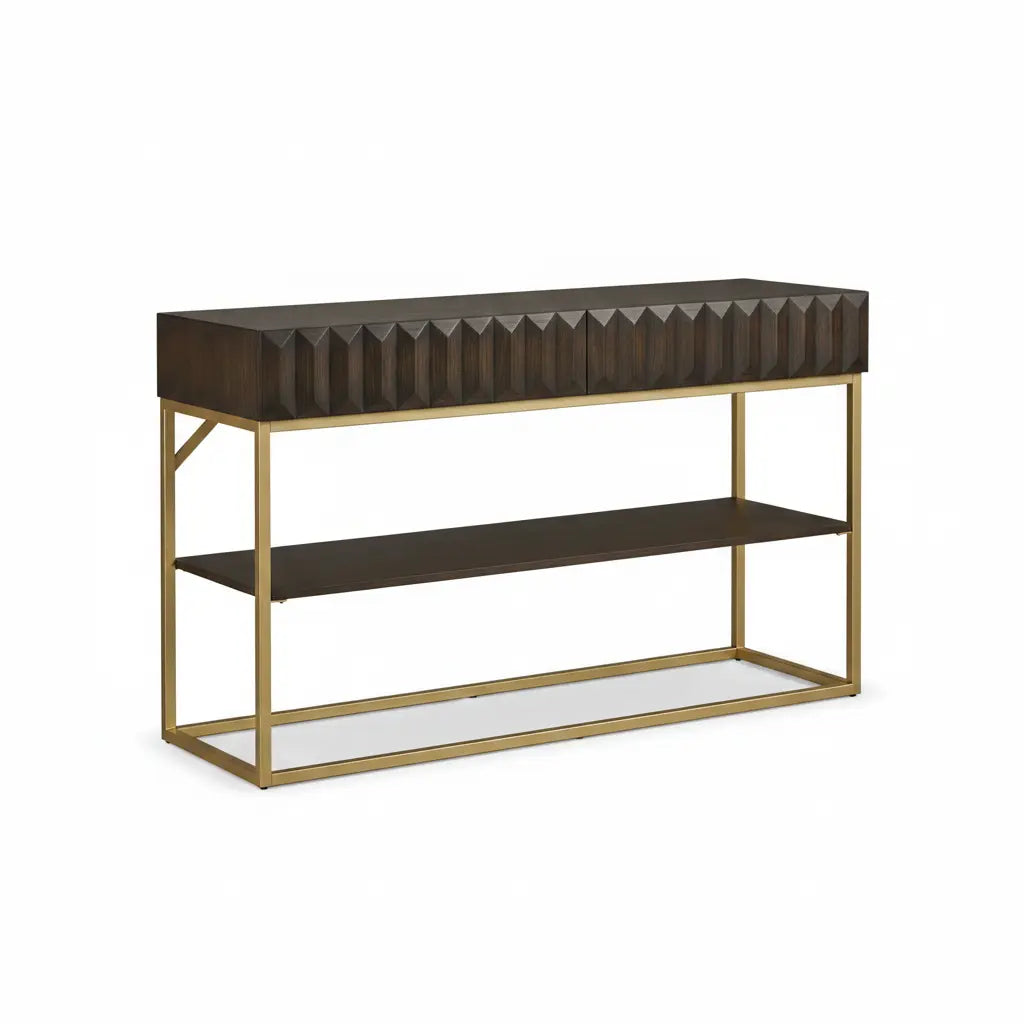 Wellington Sofa Table – Walnut & Gold with Textured Panels Denmark Home