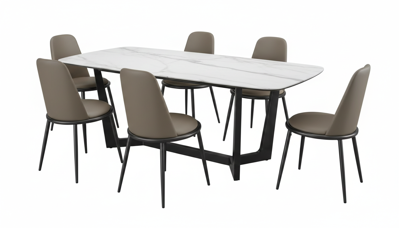 Verna Dining Table – White Ceramic Top with Silver Trestle Base