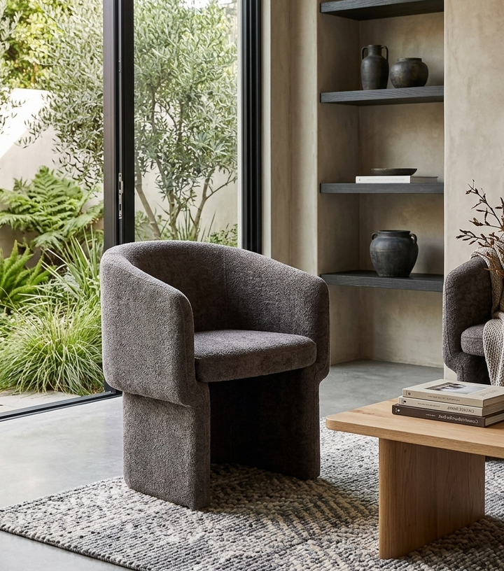 Hvìl Chenille Barrel Dining Armchair - Chocolate Brown Denmark Home