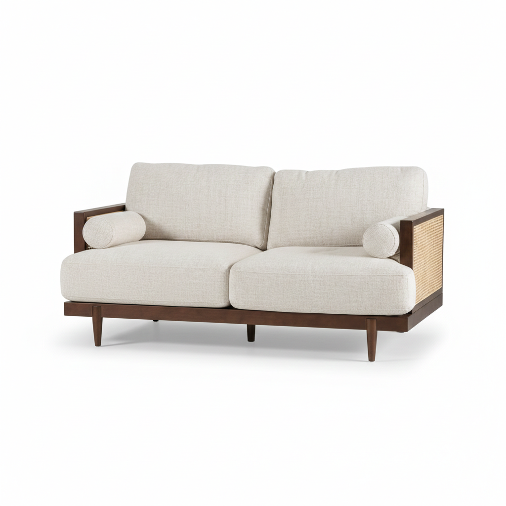 Viven Mid-Century Modern Loveseat – Beige Fabric with Ash Wood & Rattan Details
