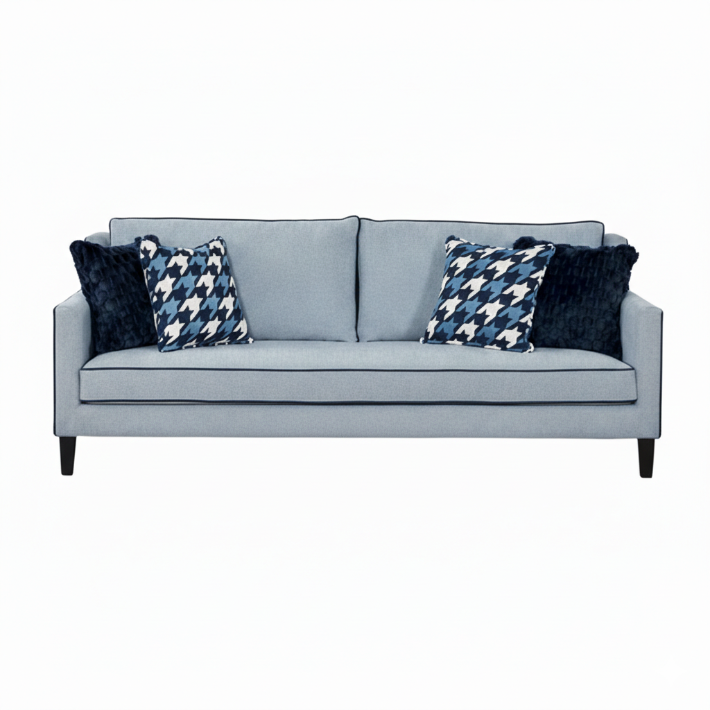 Koa Sofa – Gray-Blue Fabric with Nailhead Trim