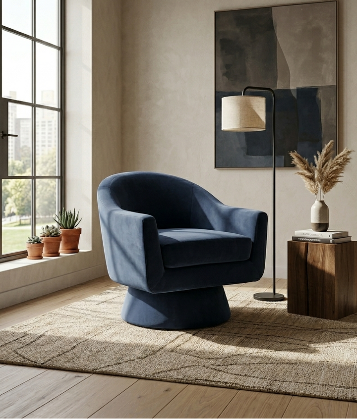 Seveno Performance Velvet Swivel Accent Chair – Midnight Blue Denmark Home