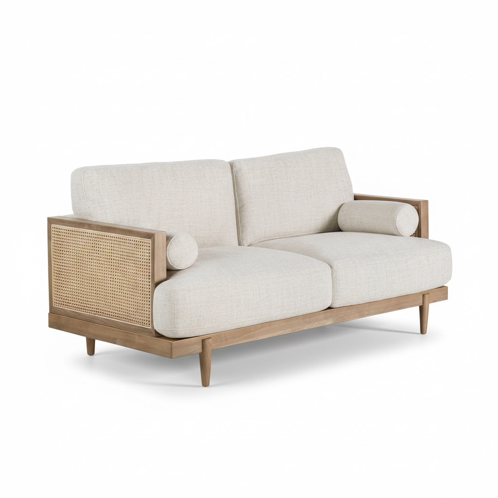 Viven mid-Century Modern Loveseat – Beige Fabric with Ash Wood & Rattan Details