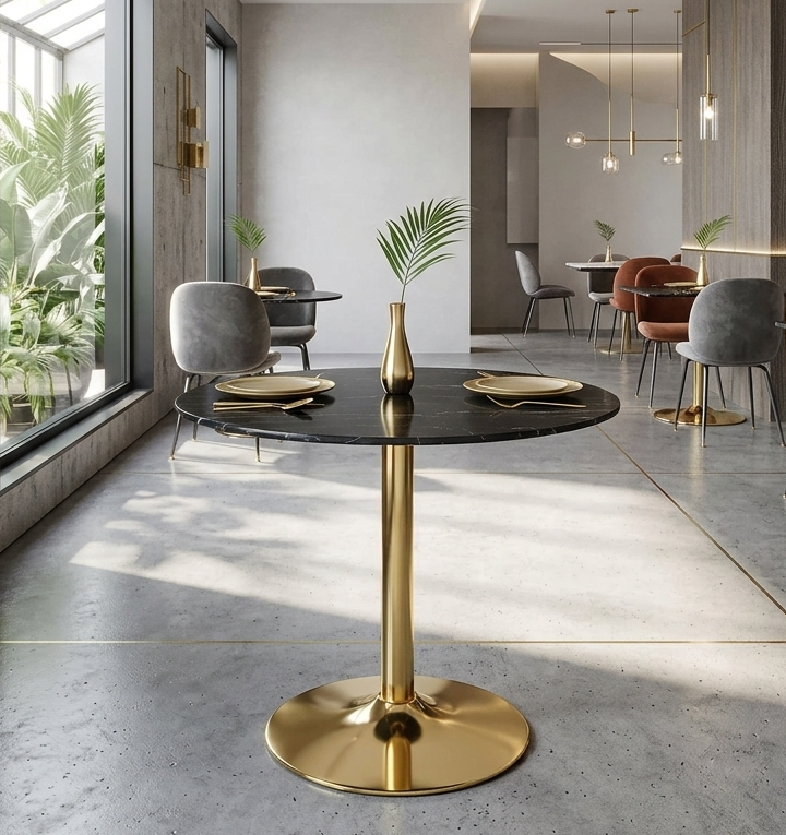 Crest Round Artificial Marble Dining Table – Gold Pedestal Base 40" Denmark Home