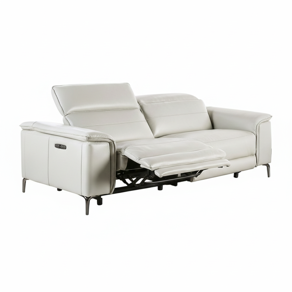 Vesta Power Reclining Sofa – Light Taupe Leatherette with Metal Legs