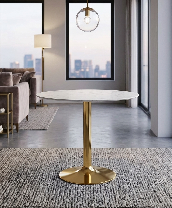Crest Round Artificial Marble Dining Table – Gold Pedestal Base 35" Denmark Home