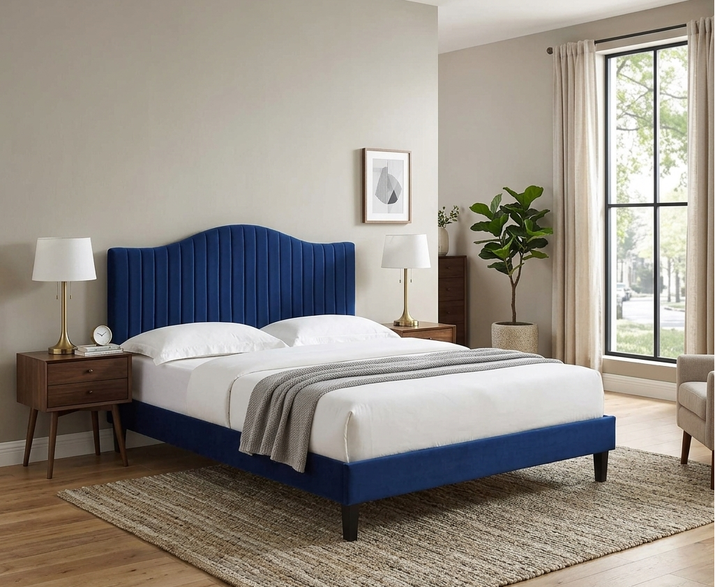 Ystad Performance Velvet King Platform Bed - Navy Denmark Home