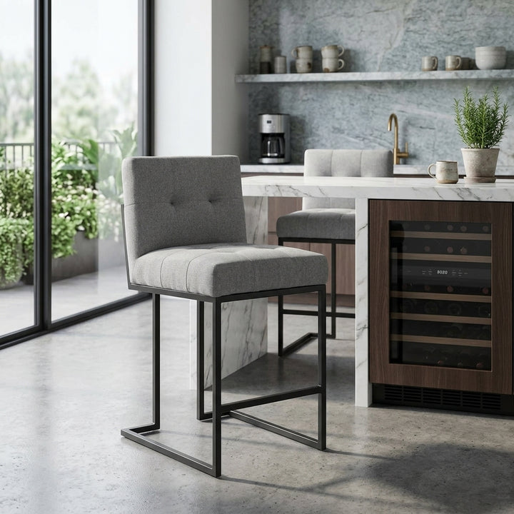 Valénza Black Stainless Steel Upholstered Fabric Counter Stool - Black Light Gray Denmark Home