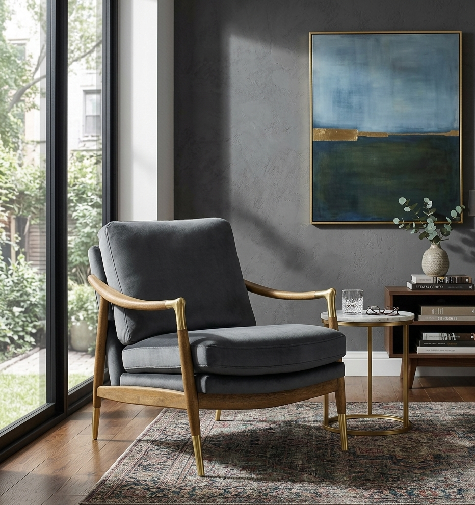 Elvano Performance Velvet Accent Chair – Cadet Blue Walnut Denmark Home