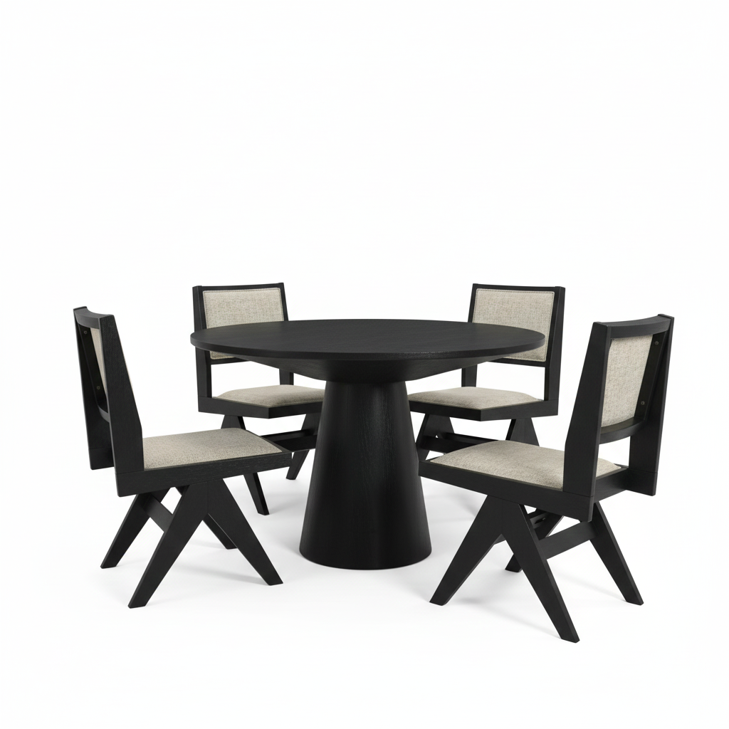 Forma 5-Piece Dining Table Set – Black Pedestal Table with Light Gray Chairs