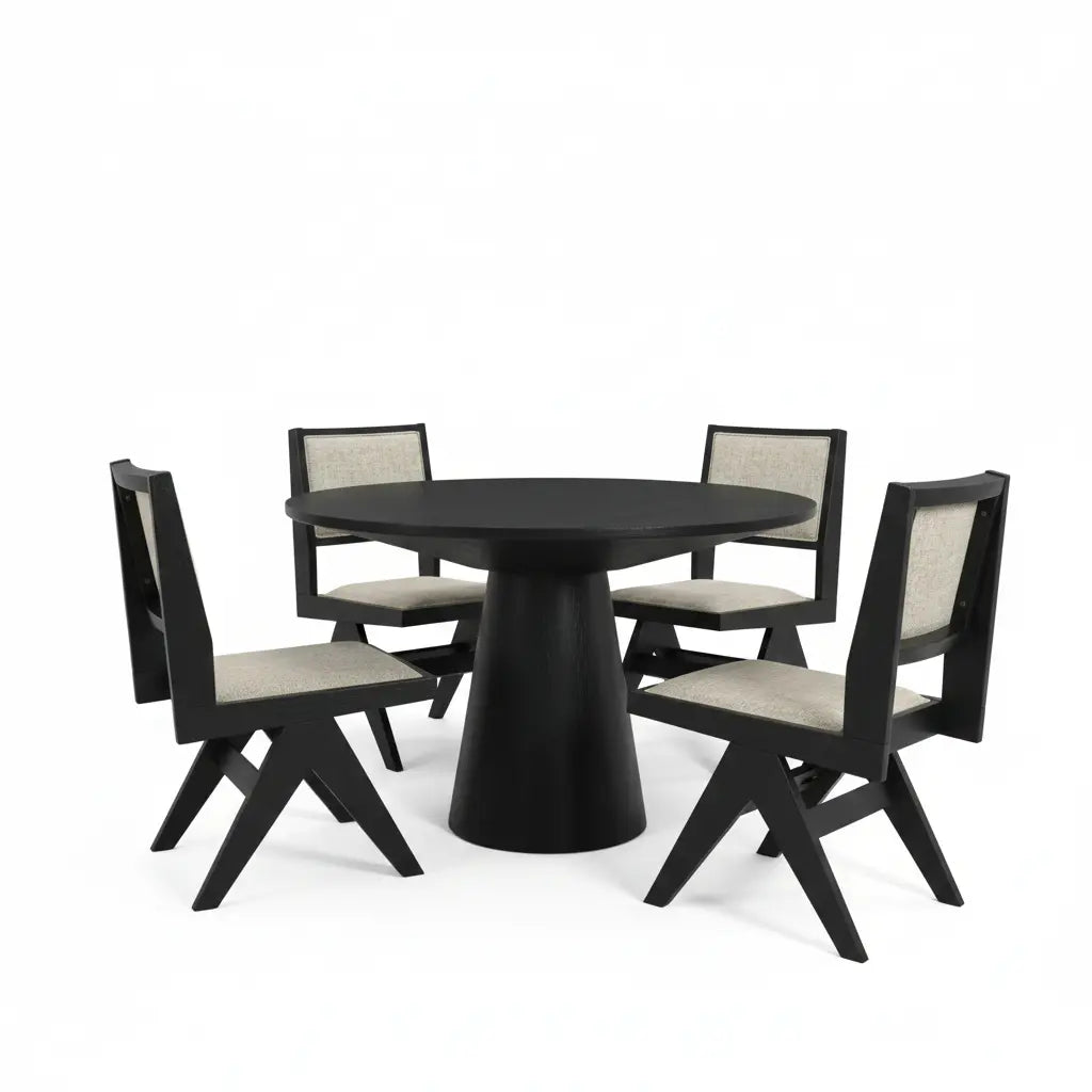 Forma 5-Piece Dining Table Set – Black Pedestal Table with Light Gray Chairs Denmark Home