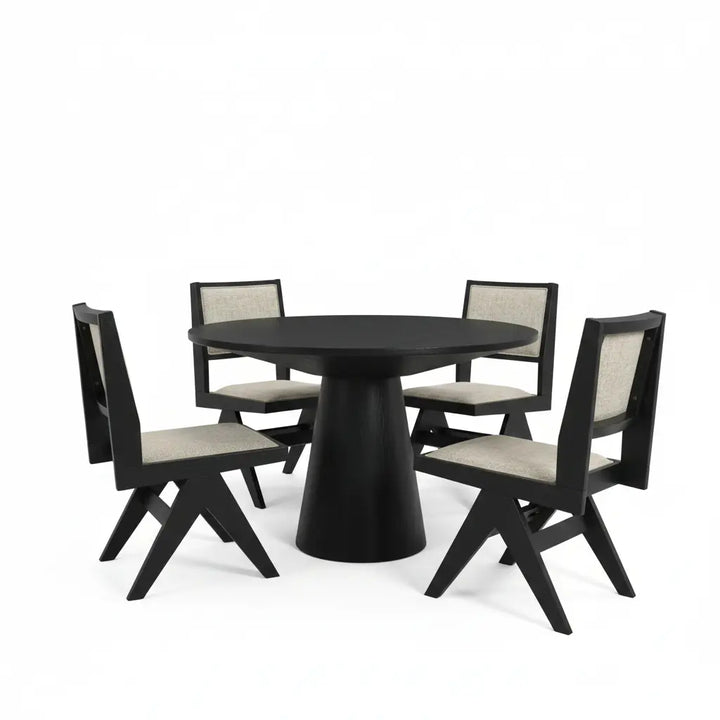 Forma 5-Piece Dining Table Set – Black Pedestal Table with Light Gray Chairs Denmark Home
