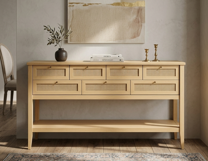 Light wood console table with decorative items in a room setting.