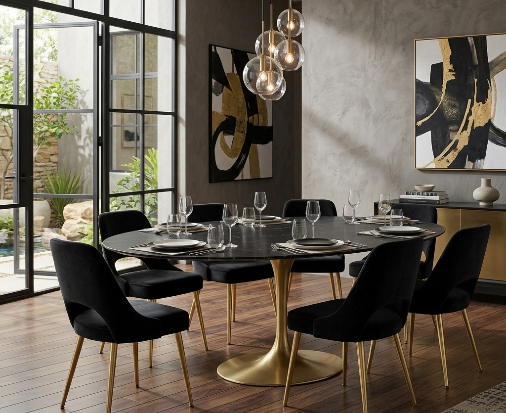 Lippa 78" Oval Faux Marble Dining Table - Gold Black Denmark Home