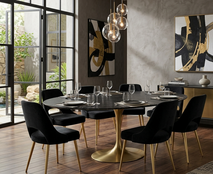 Lippa 78" Oval Faux Marble Dining Table - Gold Black Denmark Home