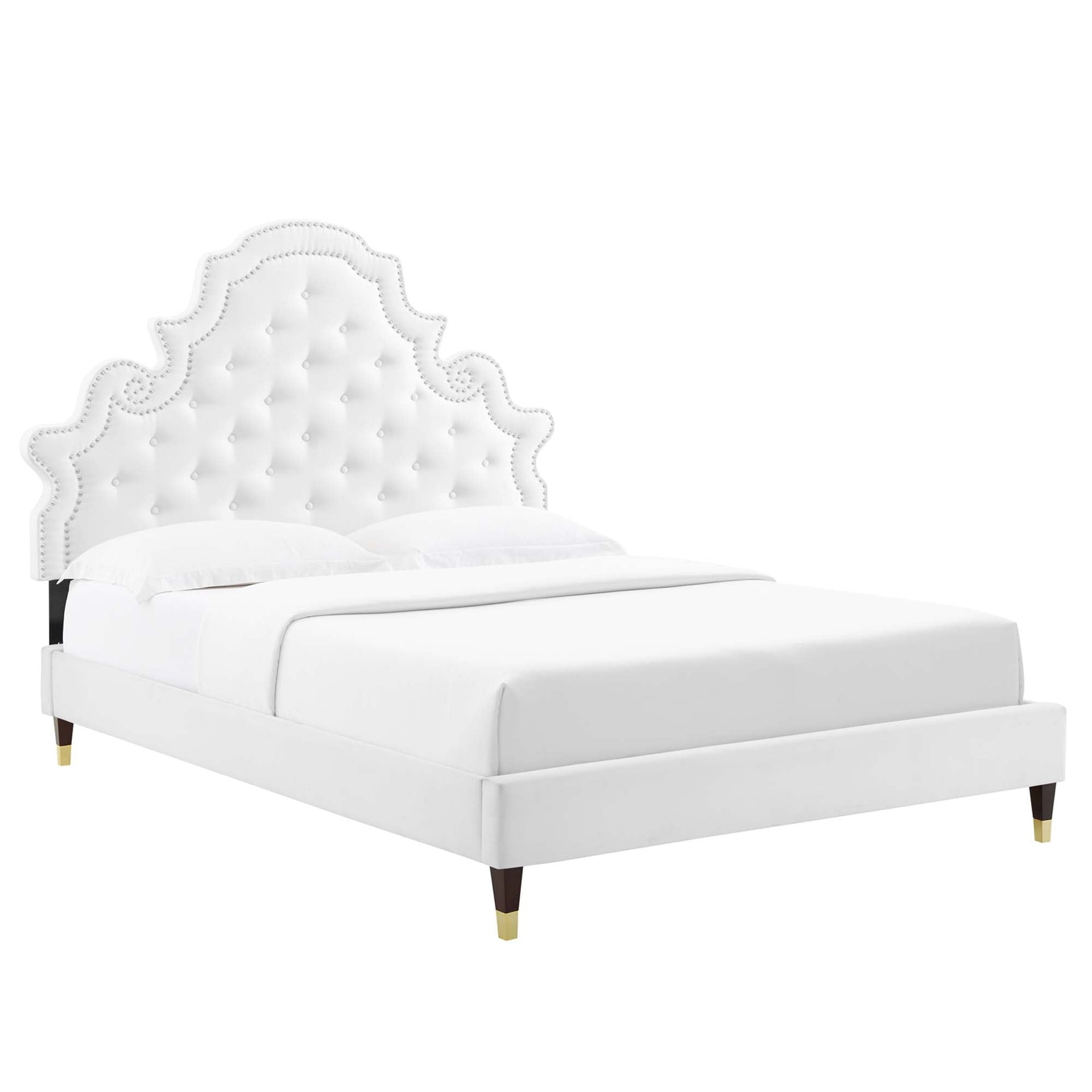 Saga Tufted Performance Velvet Queen Platform Bed - White Denmark Home