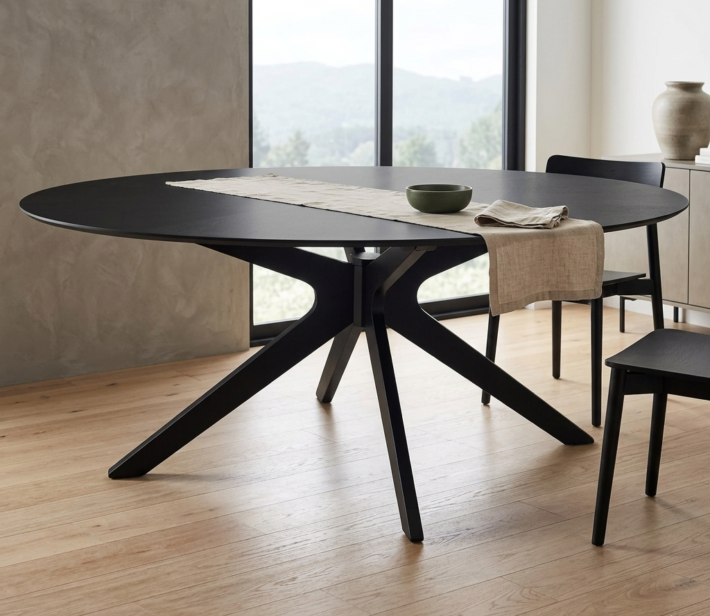 Modern black dining table with chairs in a bright room