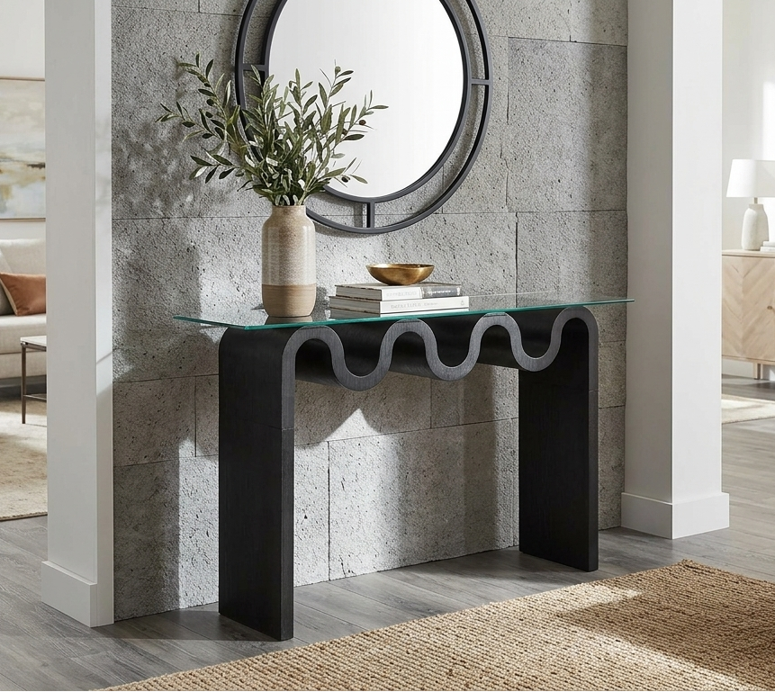 Modern console table with decorative items in a stylish living room.