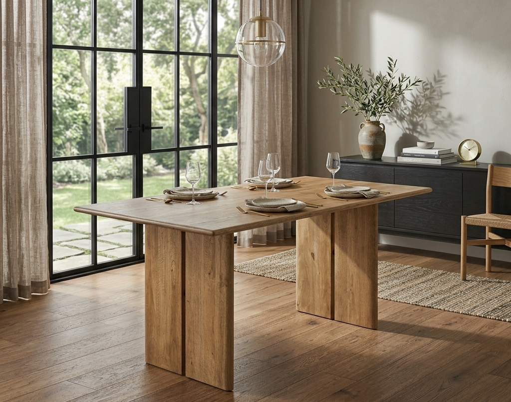 Modern daining room with wooden table and large windows