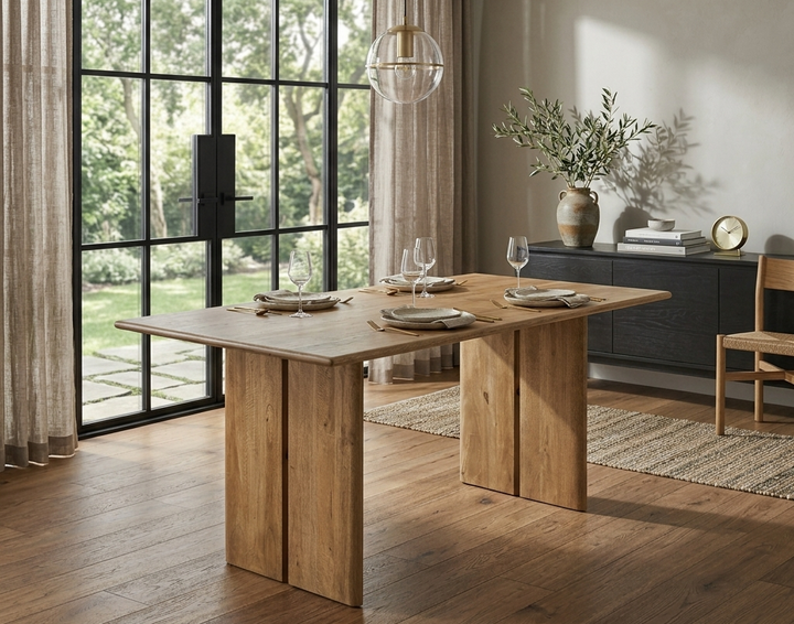 Modern daining room with wooden table and large windows