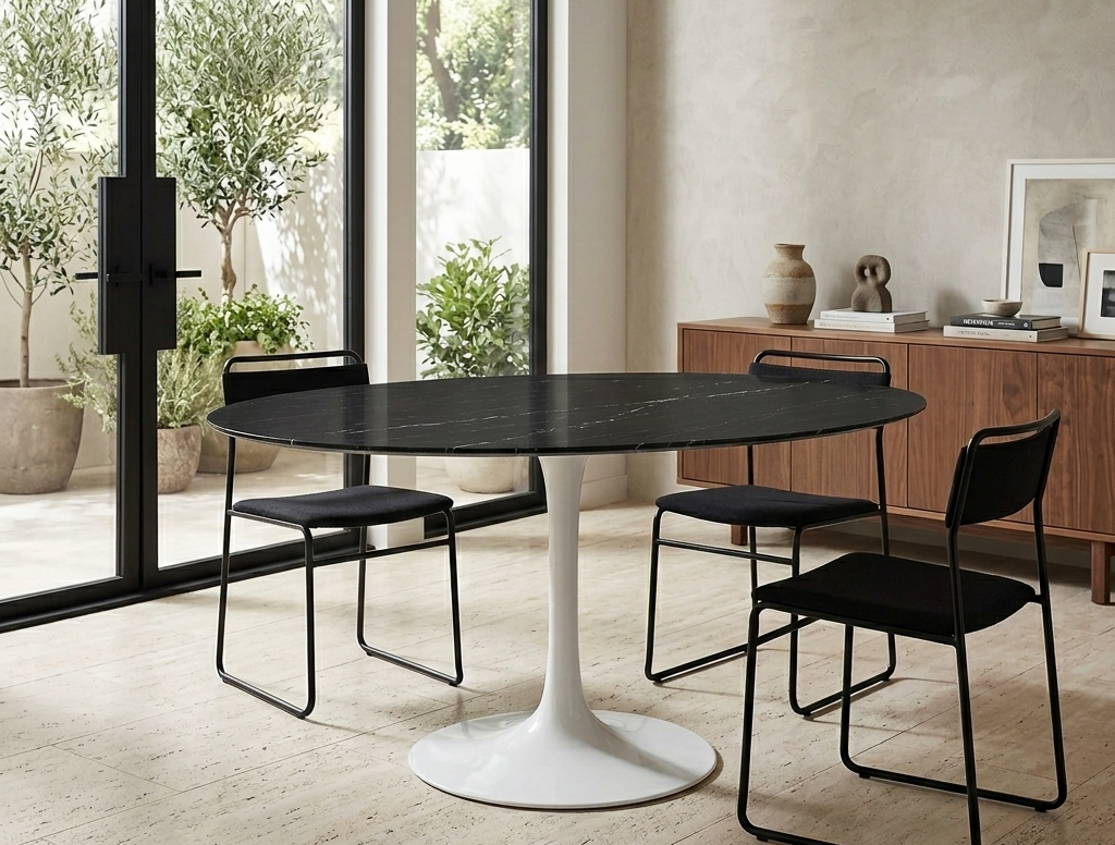 Modern dining room with a black marble table and black chairs in a bright room.