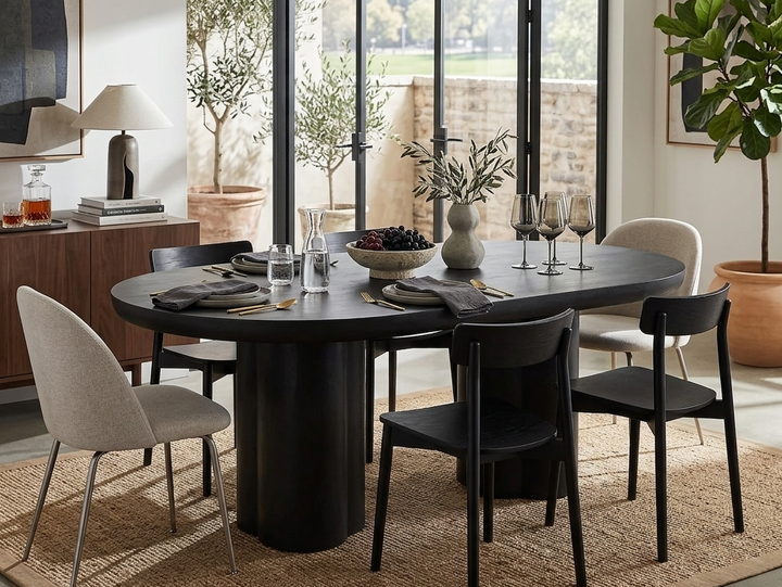 Modern dining room with a round black table and chairs, large windows, and decorative plants.