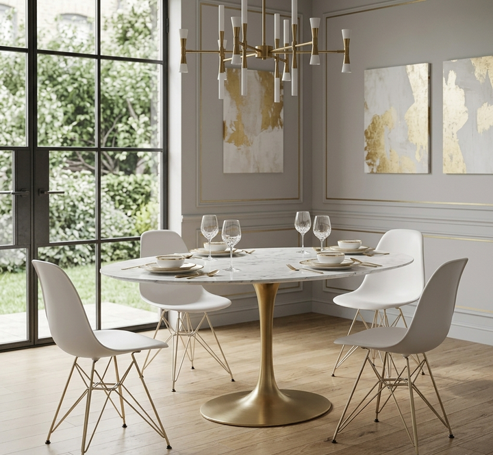 Modern dining room with a round marble table and white chairs.