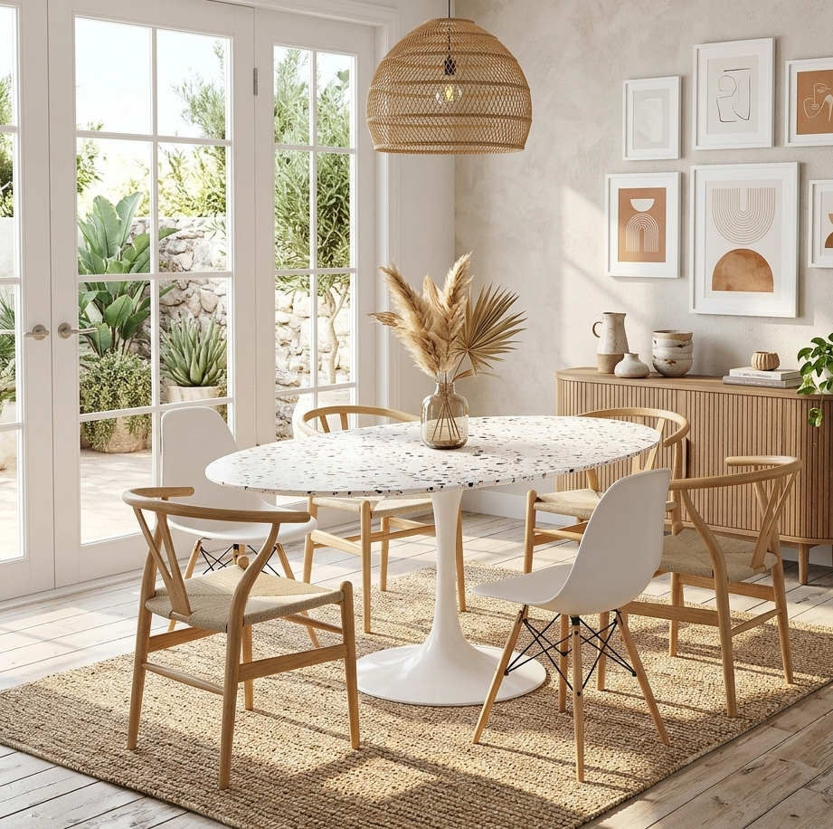 Modern dining room with a round marble table and wooden chairs.