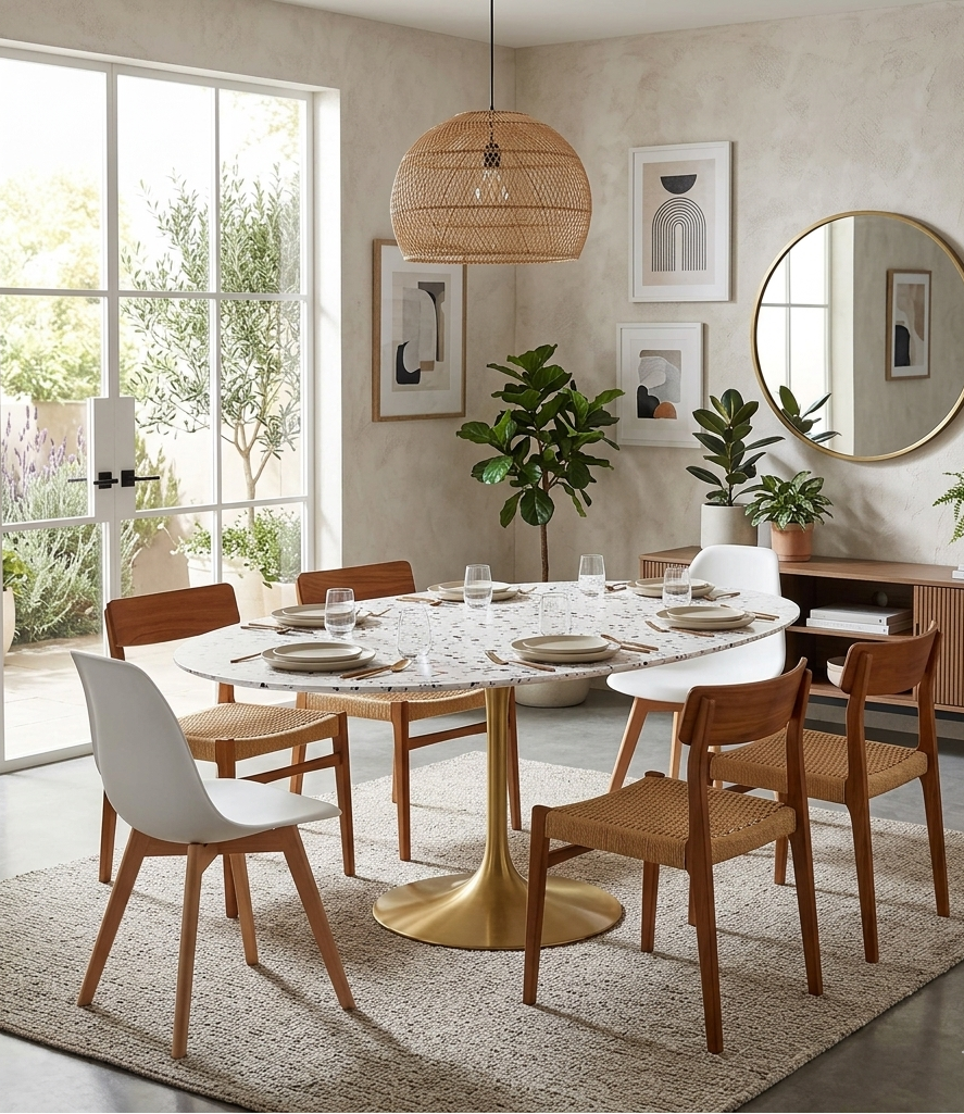 Modern dining room with a round table and chairs, featuring a large window and decorative elements.