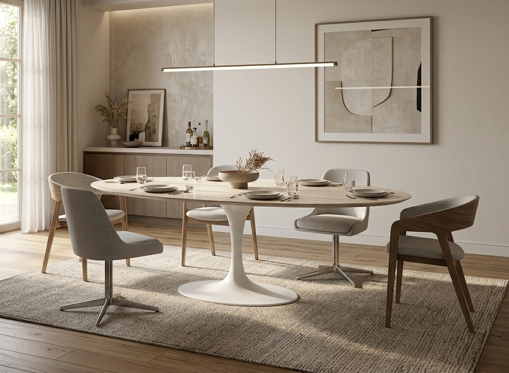 Modern dining room with a round table and chairs in a well-lit room.